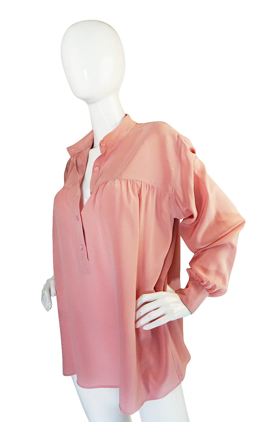 1970s Yves Saint Laurent Pink Silk Smock Top