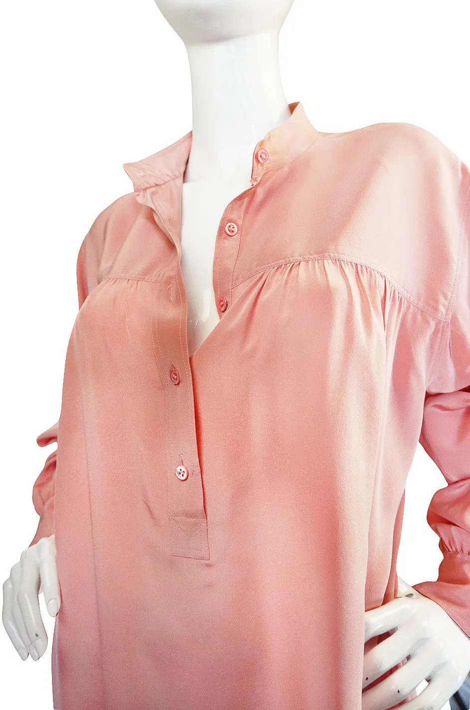 1970s Yves Saint Laurent Pink Silk Smock Top