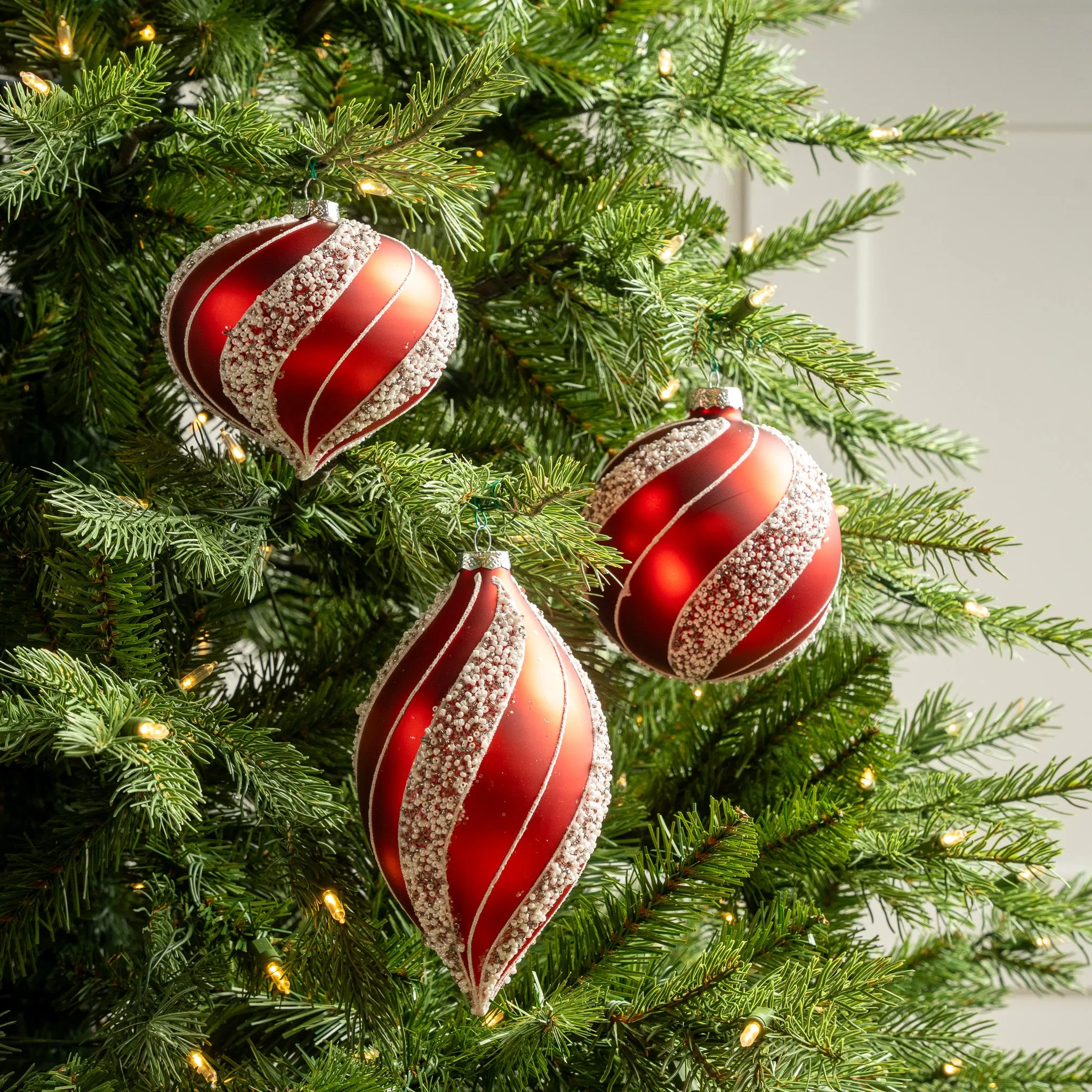 5" Red & White Beaded Ball Ornament Assorted Set Of 9