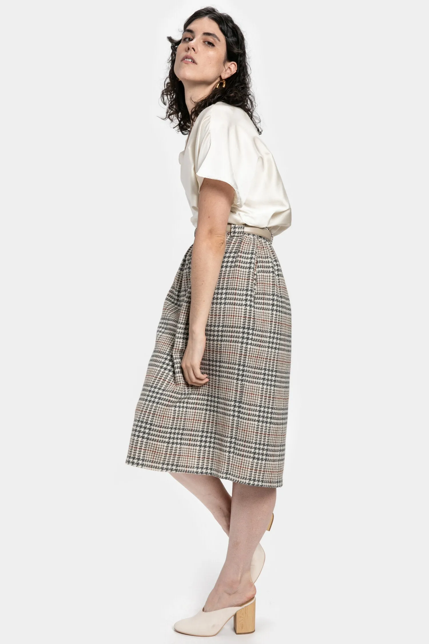 70s Grey Plaid Wool Skirt M