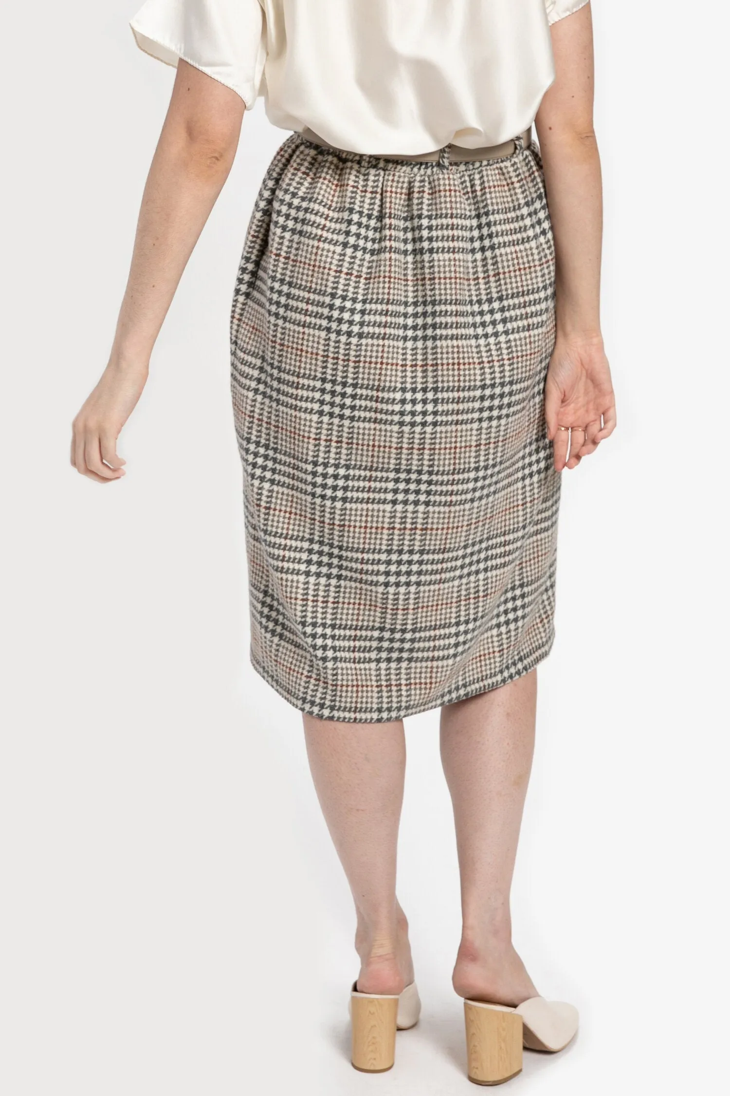 70s Grey Plaid Wool Skirt M