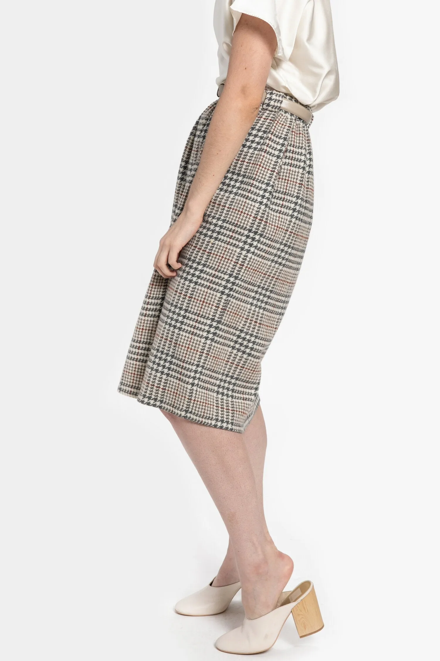 70s Grey Plaid Wool Skirt M