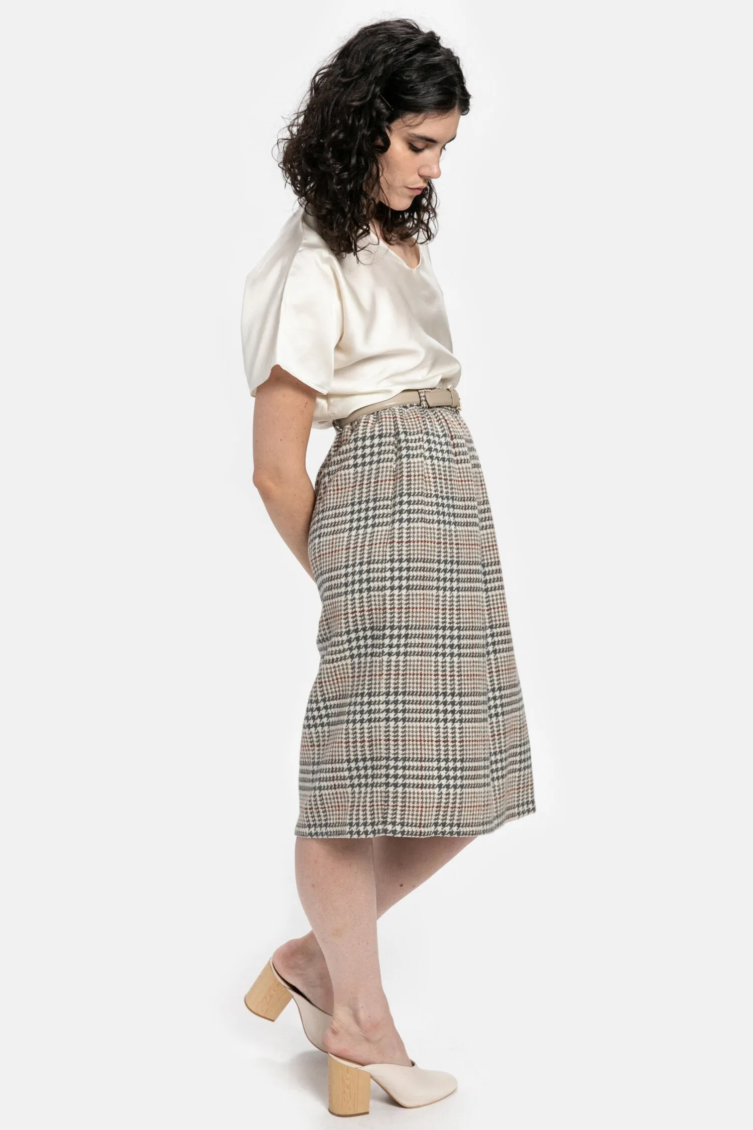 70s Grey Plaid Wool Skirt M