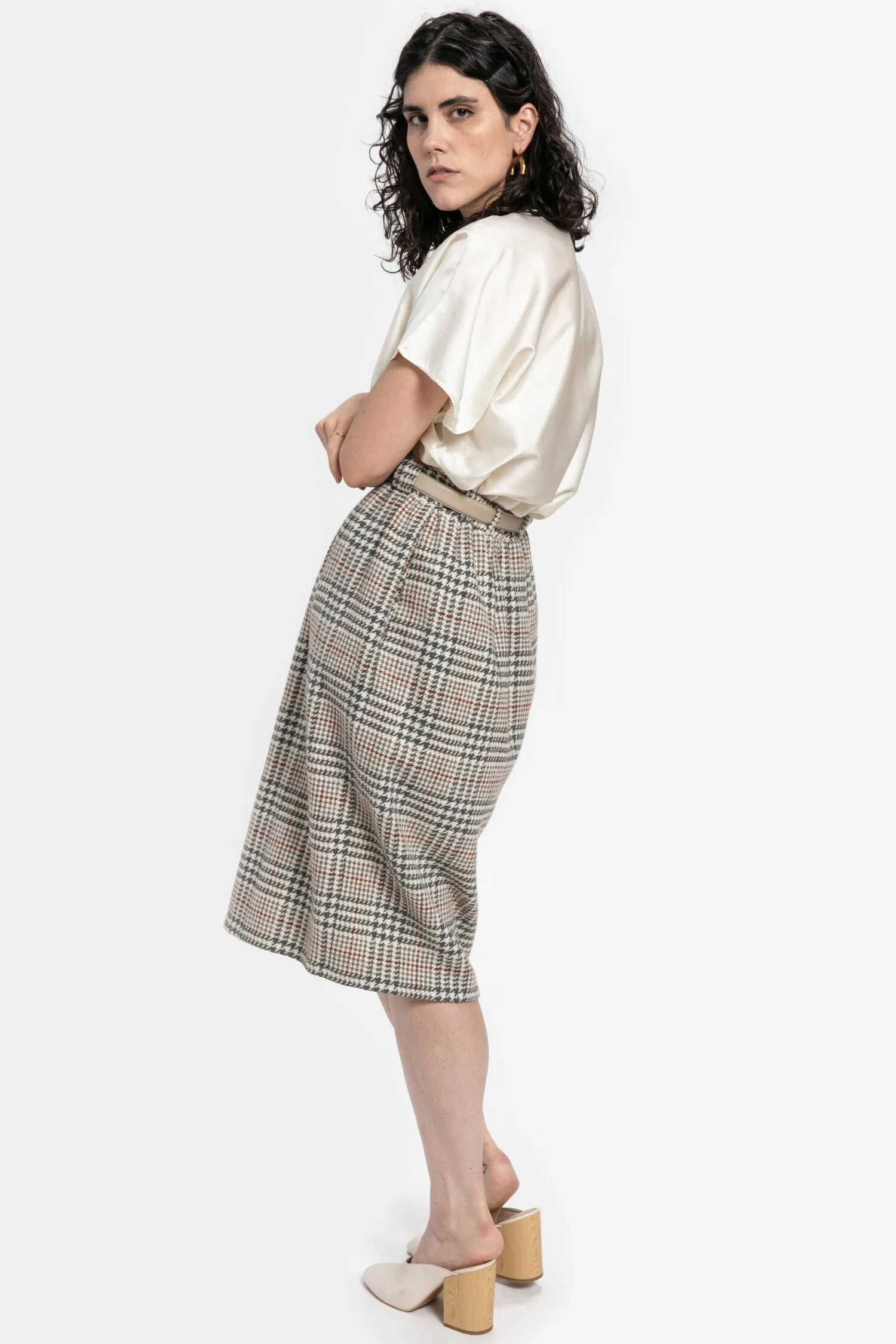 70s Grey Plaid Wool Skirt M