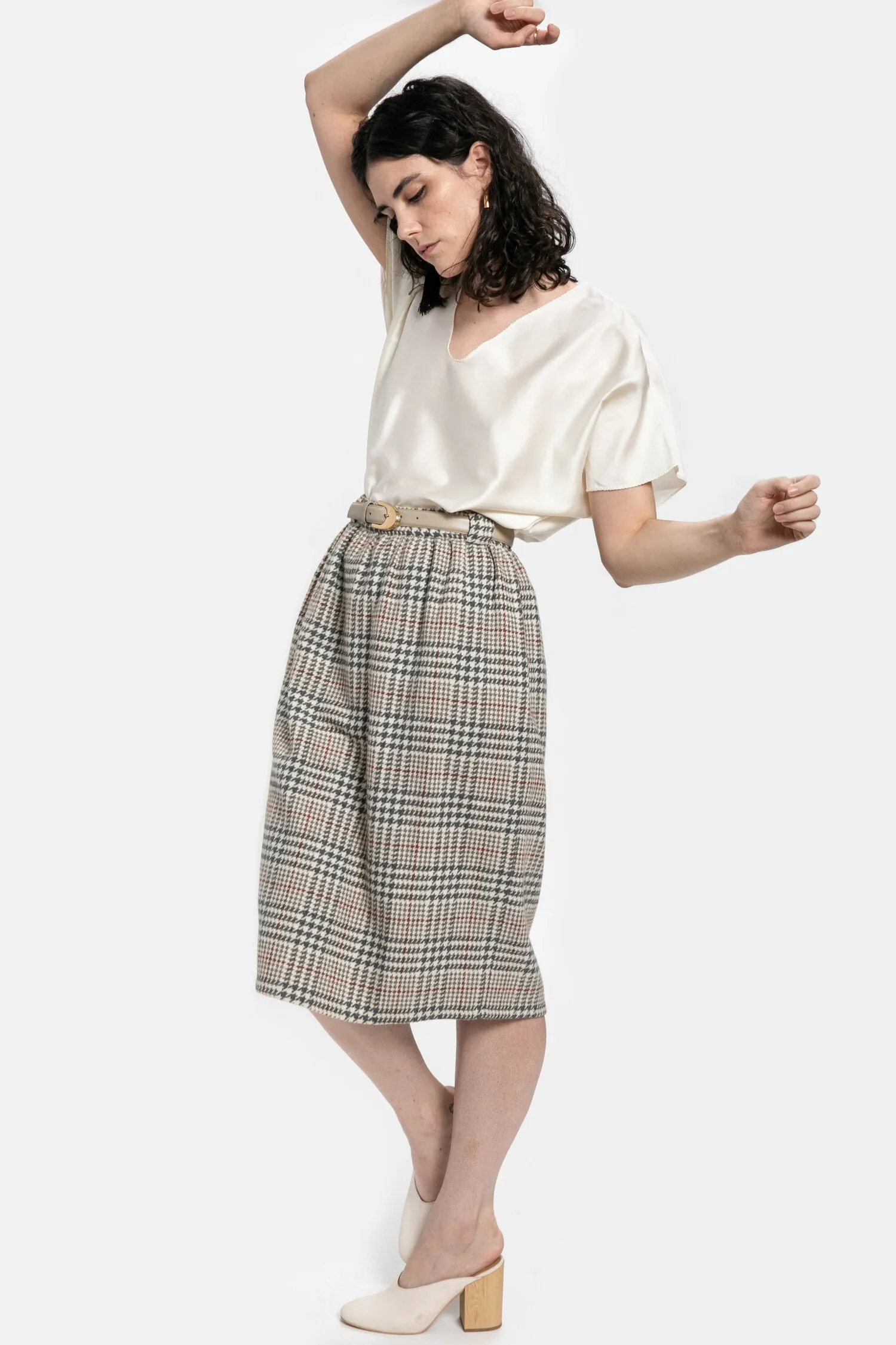 70s Grey Plaid Wool Skirt M