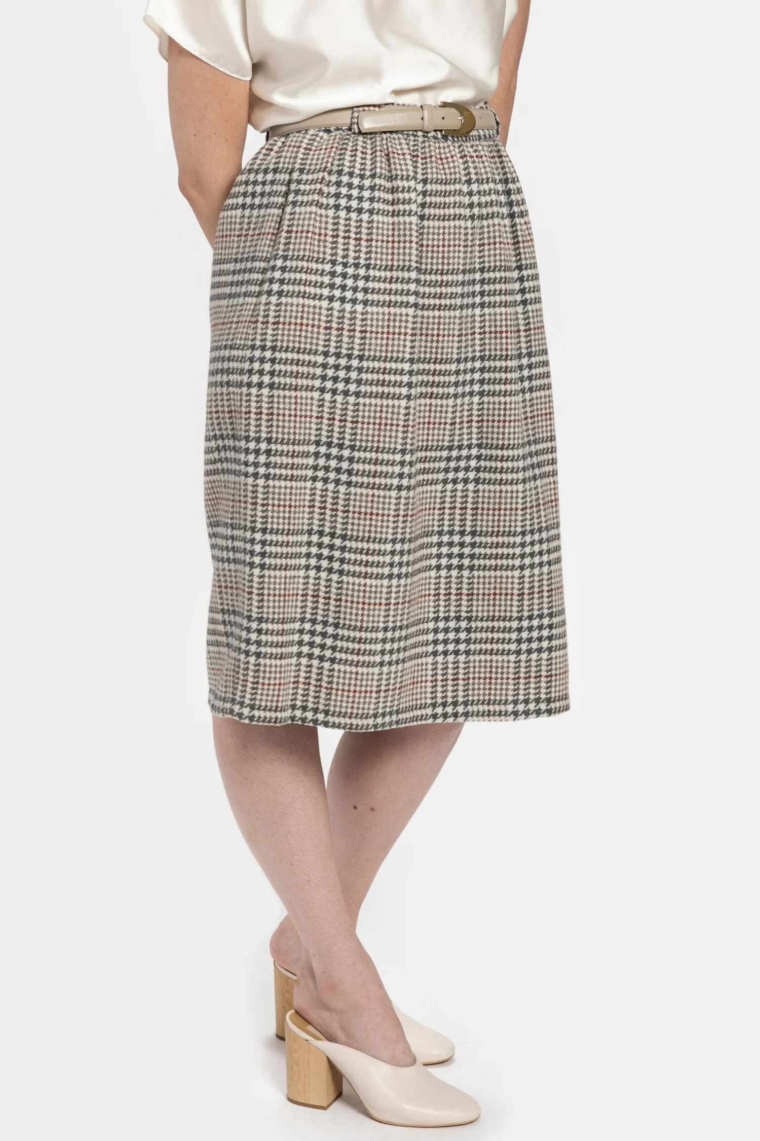 70s Grey Plaid Wool Skirt M