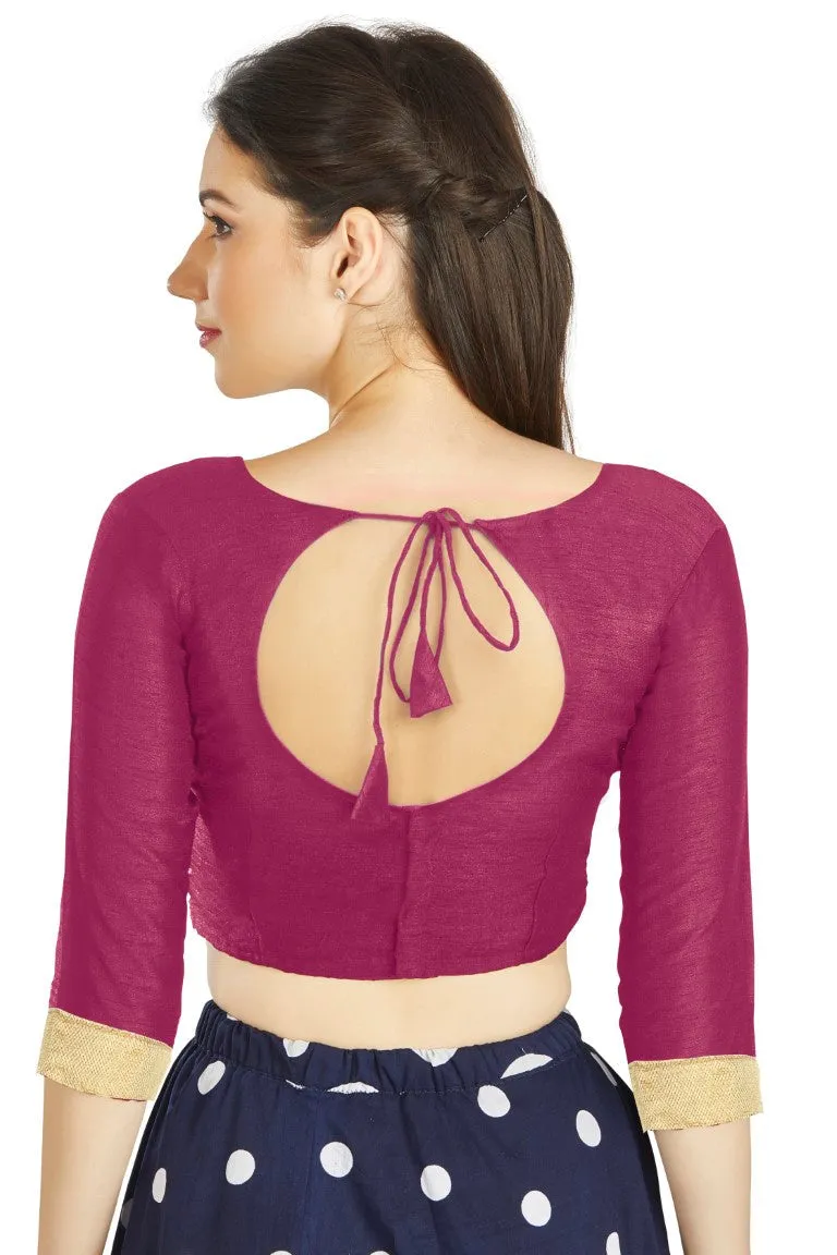 Aastha Fashion Magenta Art silk U Neck Matty Work In Sleeve Readymade Blouse