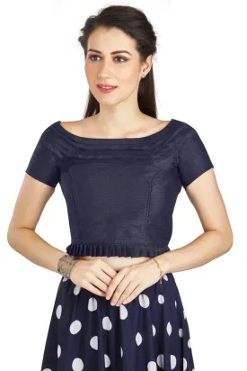 Aastha Fashion Navy Blue Art Silk Pleated Boat Neck Princes Readymade Blouse