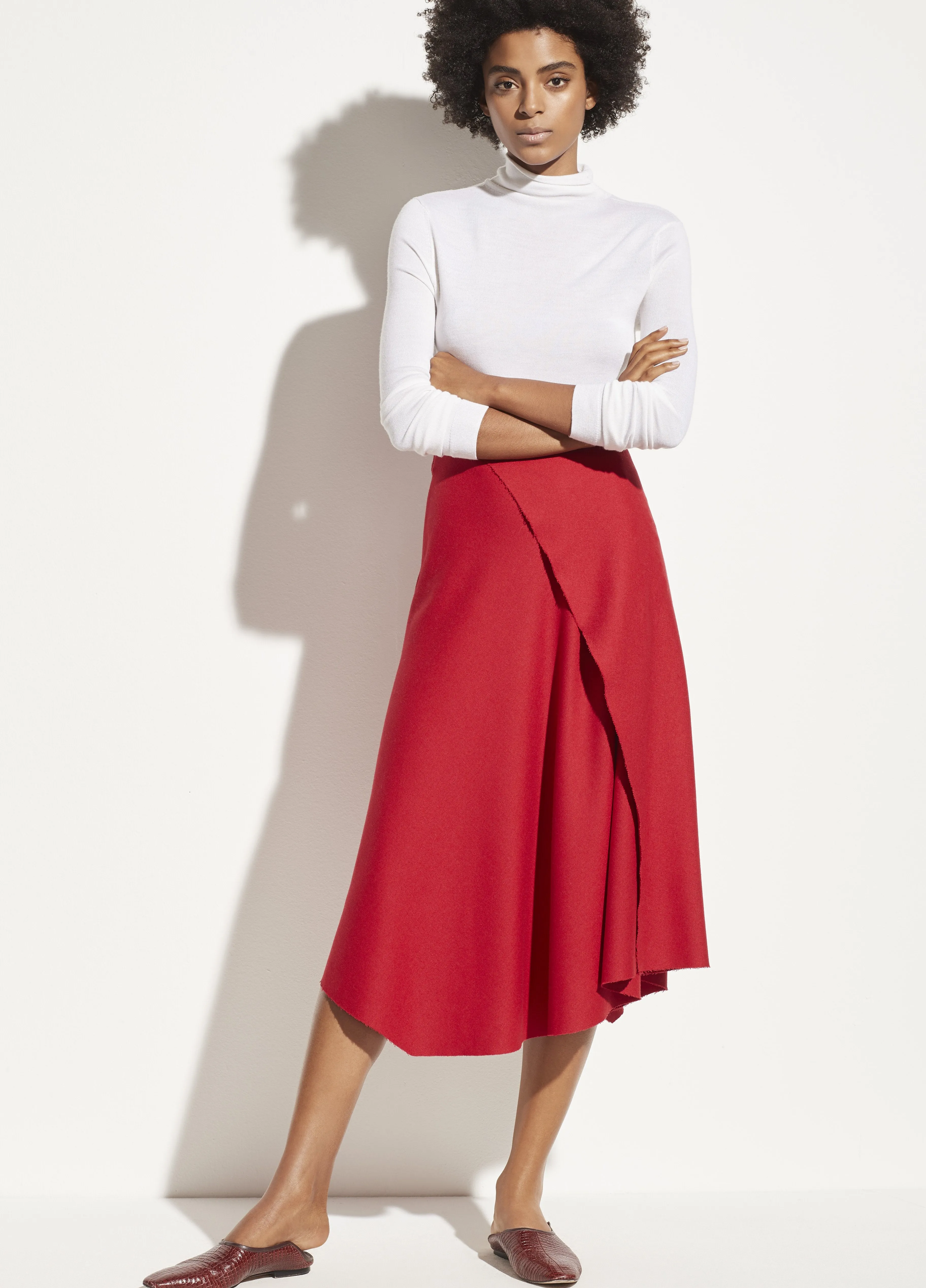 Asymmetric Drape Flannel Skirt in Crimson