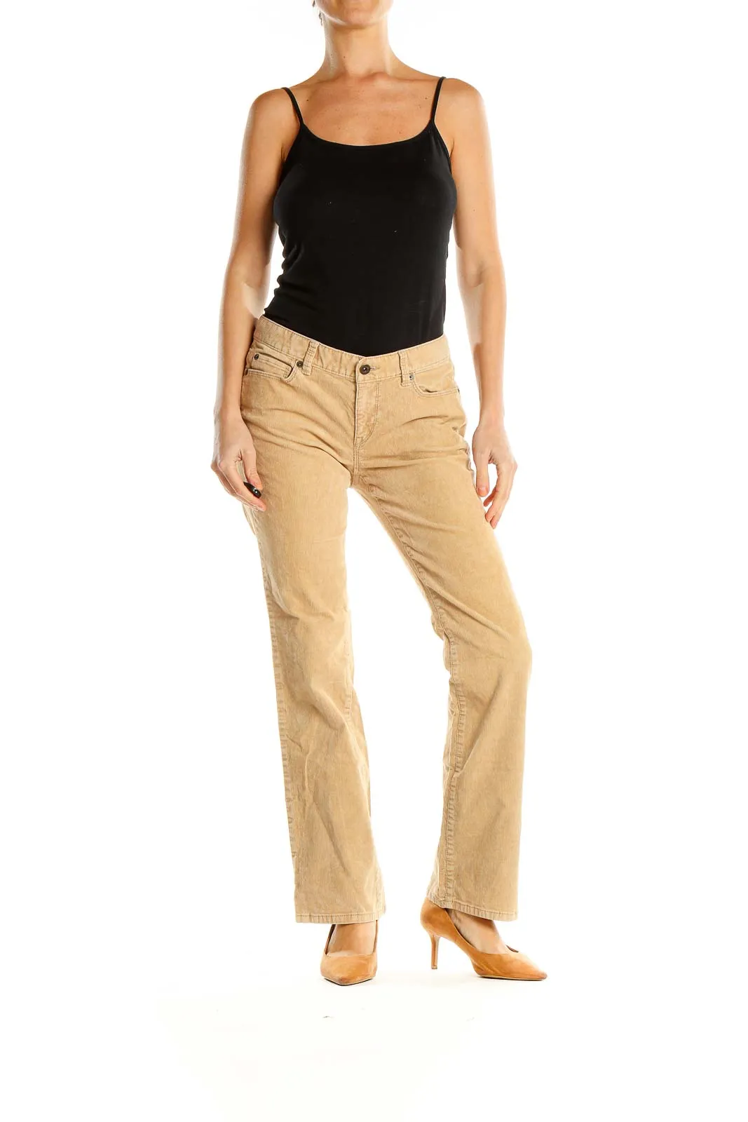 Beige Corduroy Textured Casual Trousers