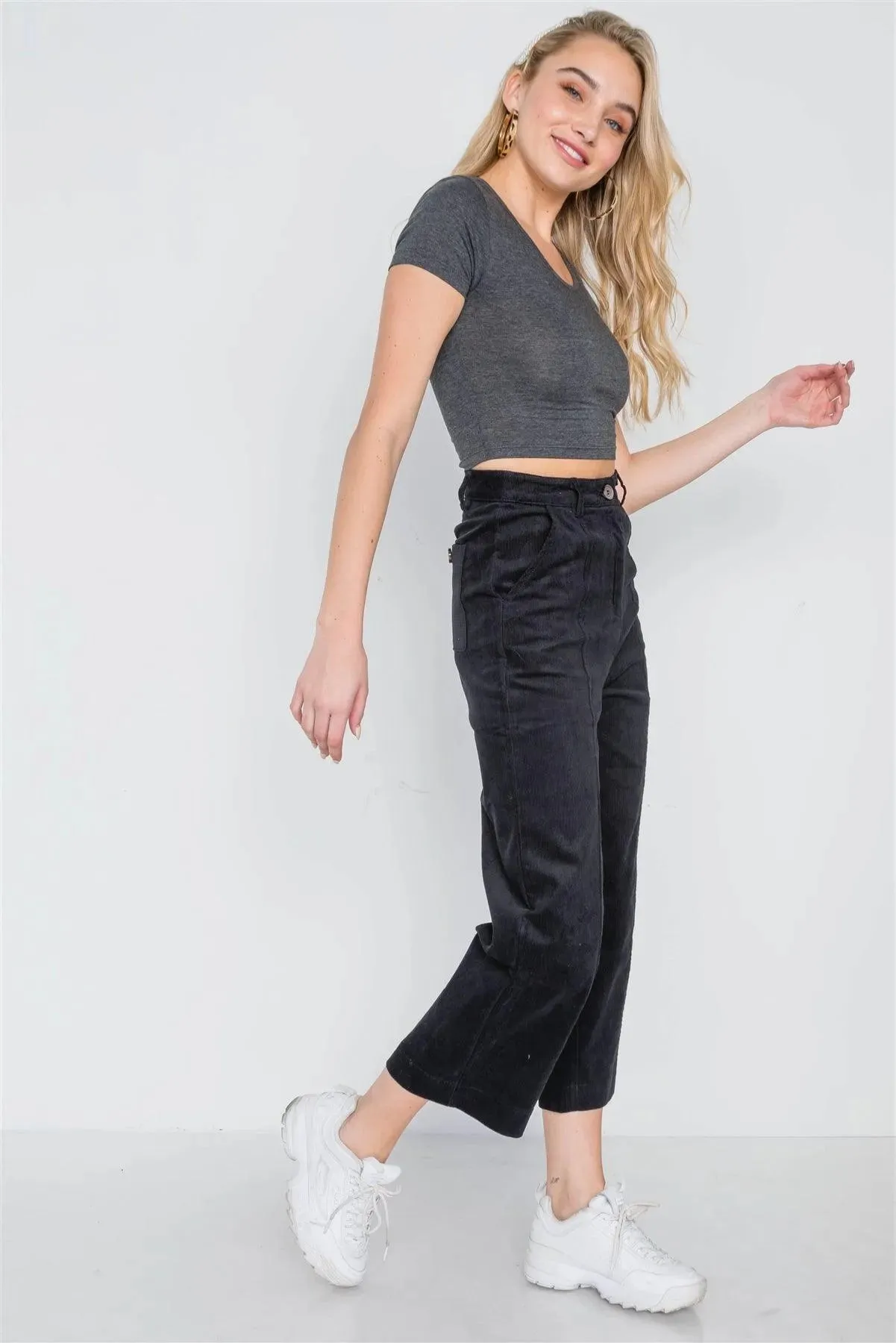 Black Corduroy Wide Leg Cropped Pants /2-1-3