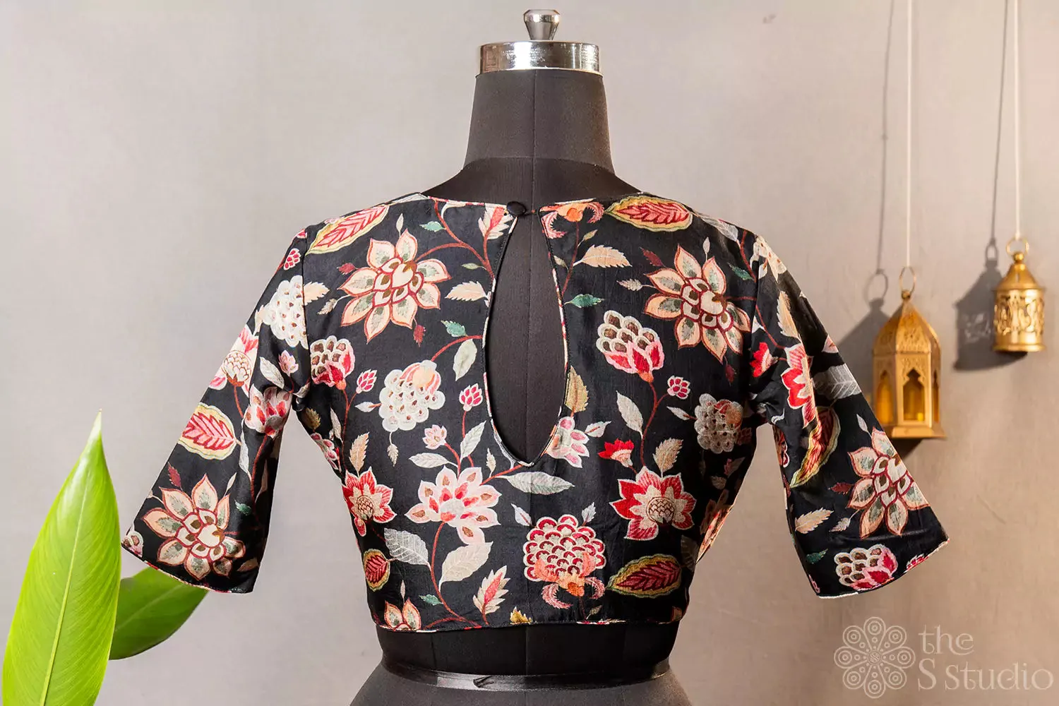 Black floral printed semi silk readymade blouse