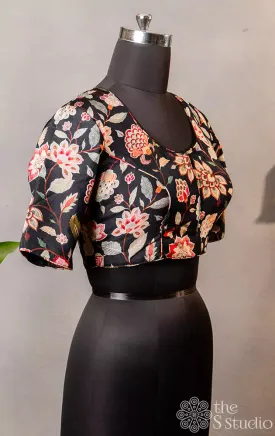 Black floral printed semi silk readymade blouse