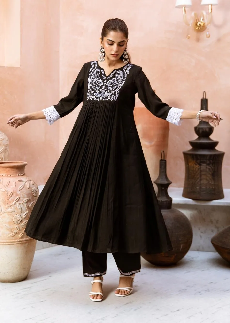 Black Silk Embroidered Anarkali Set