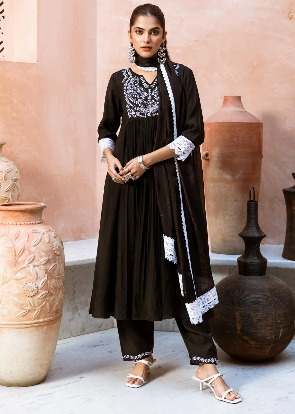 Black Silk Embroidered Anarkali Set