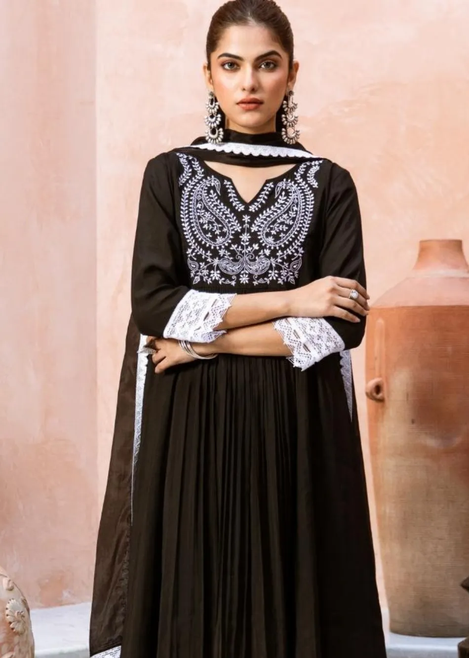 Black Silk Embroidered Anarkali Set