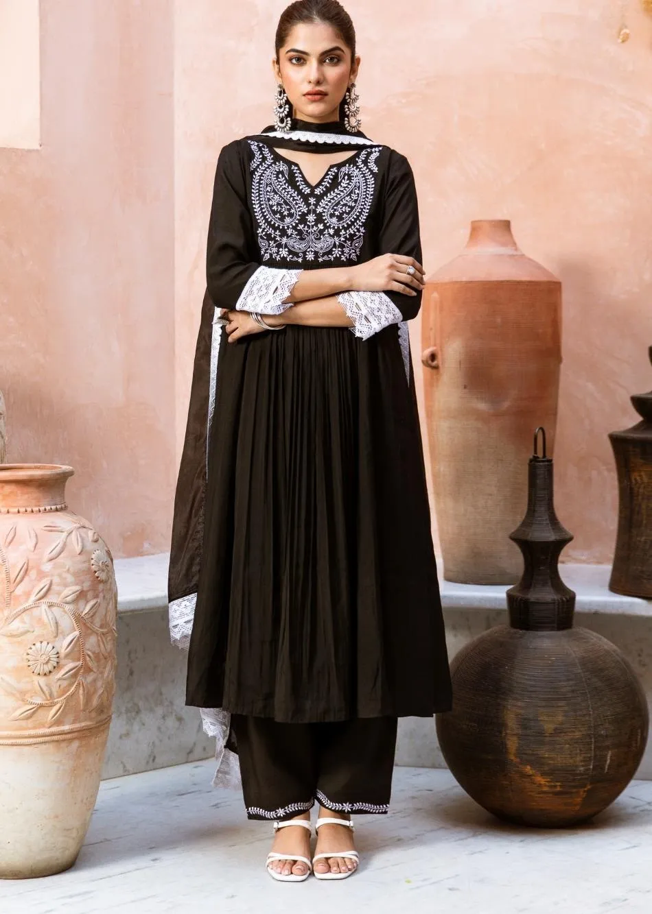 Black Silk Embroidered Anarkali Set