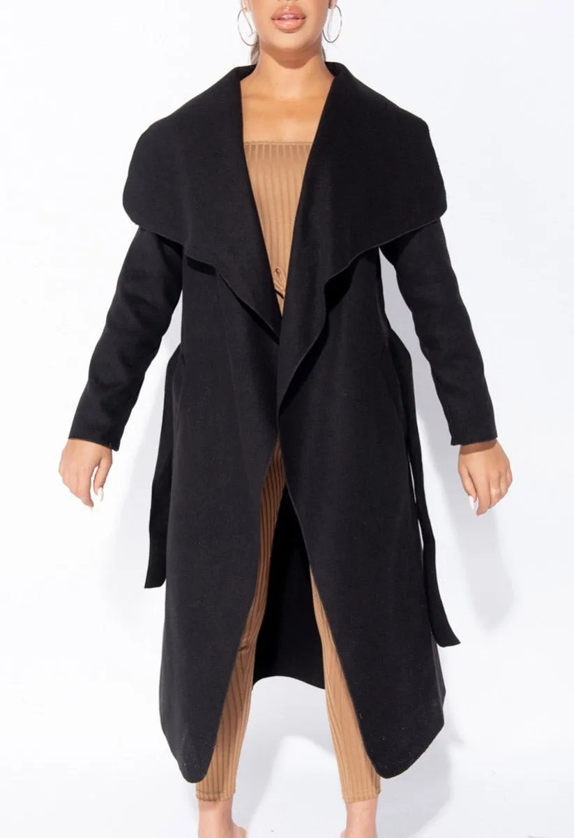 Black Waterfall Collar Belted Duster Coat