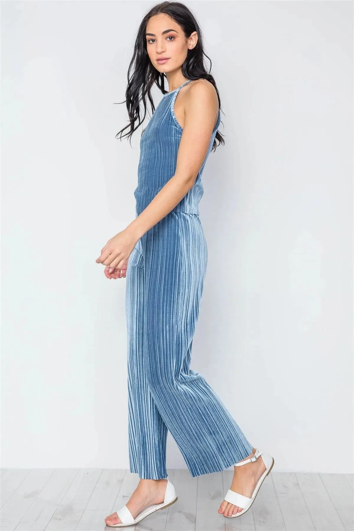 Blue Ribbed Velvet Crop Top And Pants Set /2-2-2