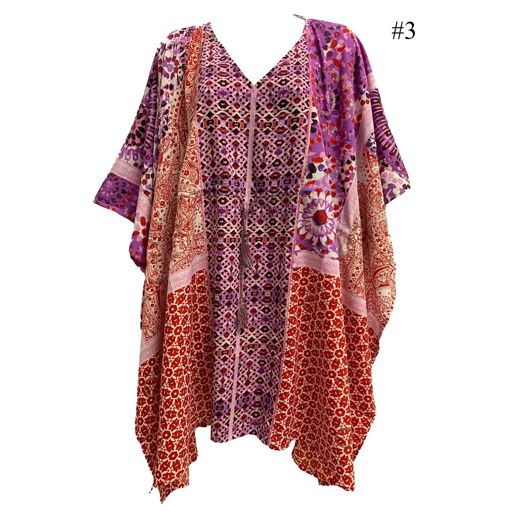 Boho Sequined Ethnic Print Short Caftan Beach Loose Fit Tunic Soft Silky Dress Shila Plus size Dress