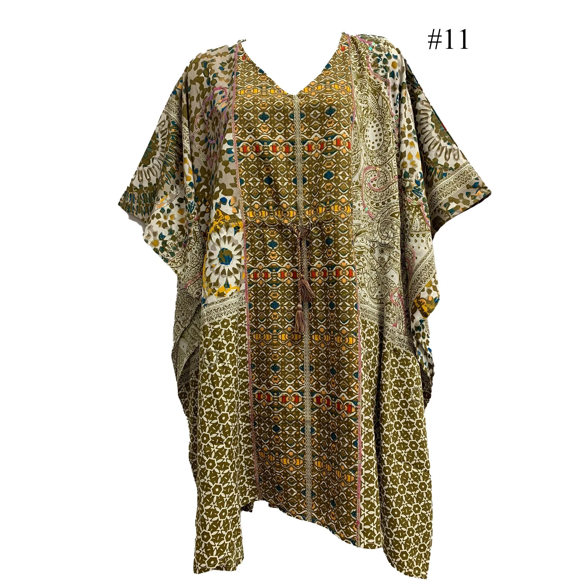 Boho Sequined Ethnic Print Short Caftan Beach Loose Fit Tunic Soft Silky Dress Shila Plus size Dress