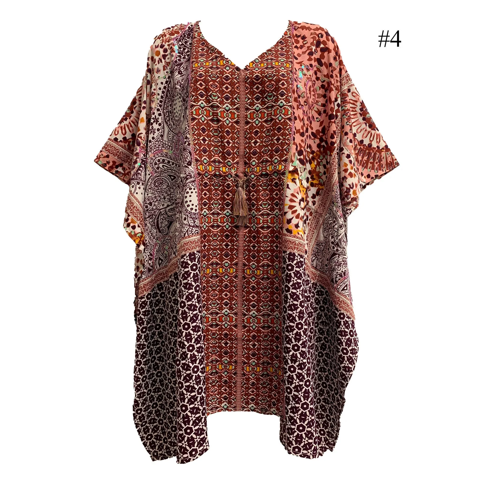 Boho Sequined Ethnic Print Short Caftan Beach Loose Fit Tunic Soft Silky Dress Shila Plus size Dress