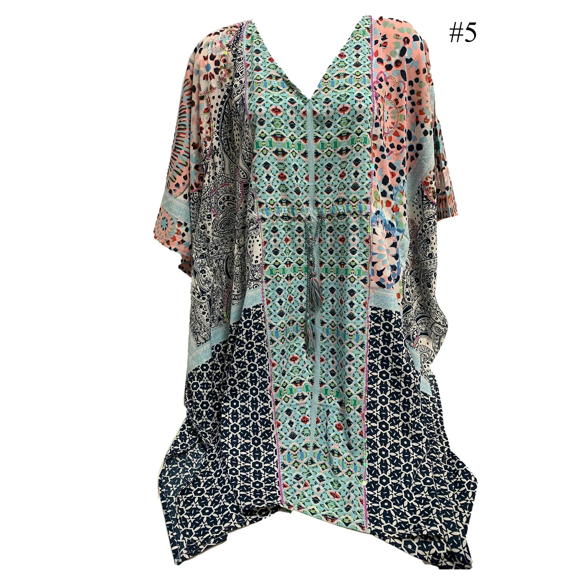 Boho Sequined Ethnic Print Short Caftan Beach Loose Fit Tunic Soft Silky Dress Shila Plus size Dress