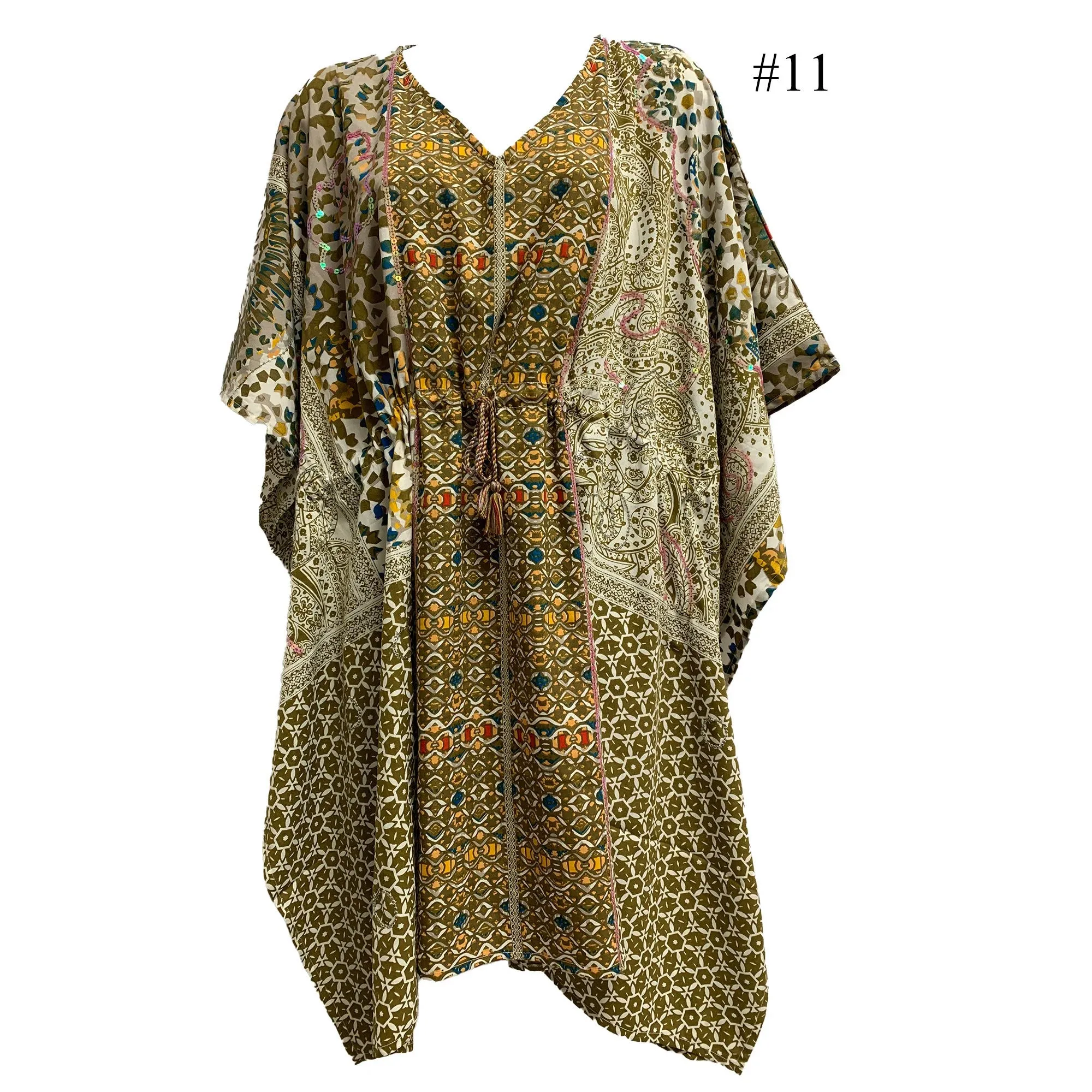 Boho Sequined Ethnic Print Short Caftan Beach Loose Fit Tunic Soft Silky Dress Shila Plus size Dress