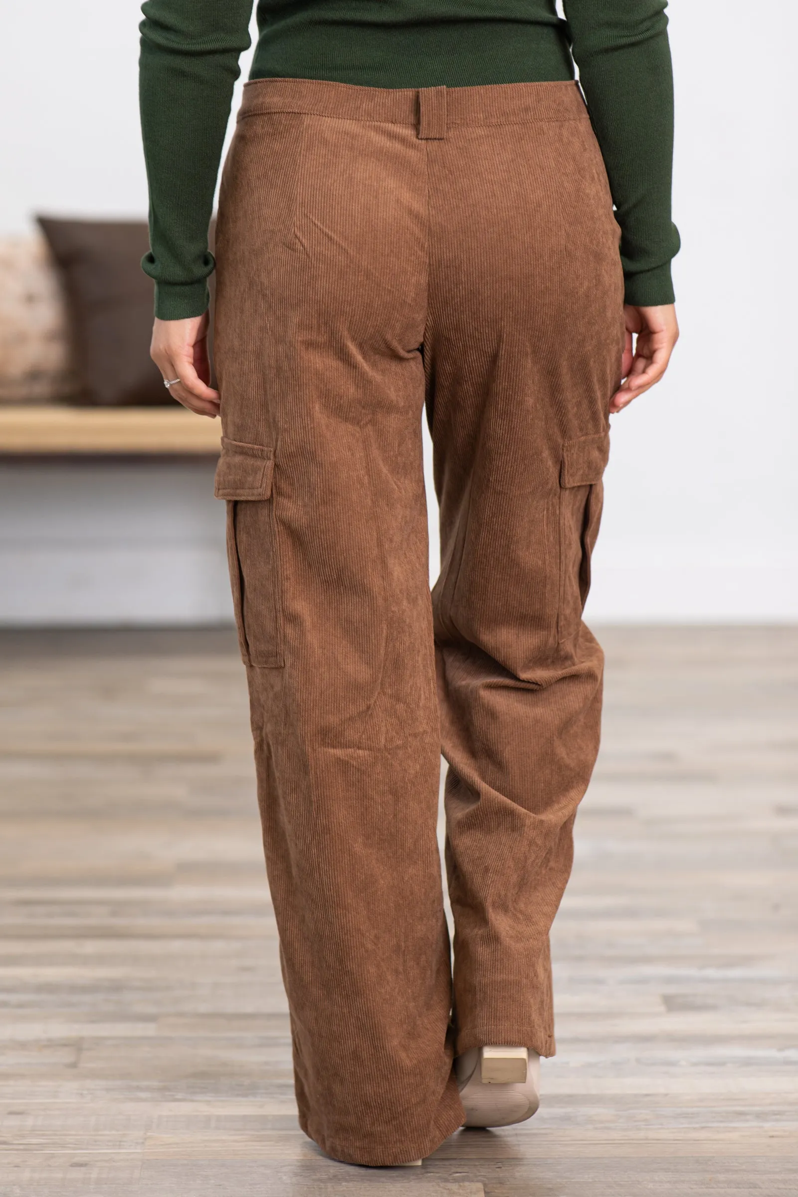 Brown Corduroy Wide Leg Cargo Pants