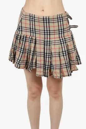 Burberry Beige Wool Check Pleated Buckled Mini Skirt Size 10