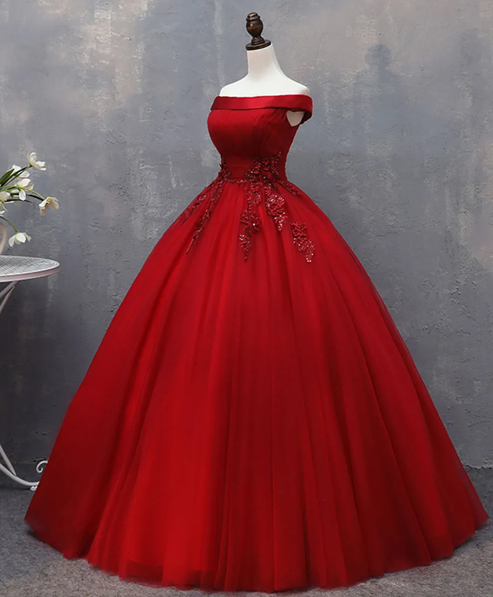 Burgundy Tulle Lace Off Shoulder Long Prom Gown Burgundy Evening Dress