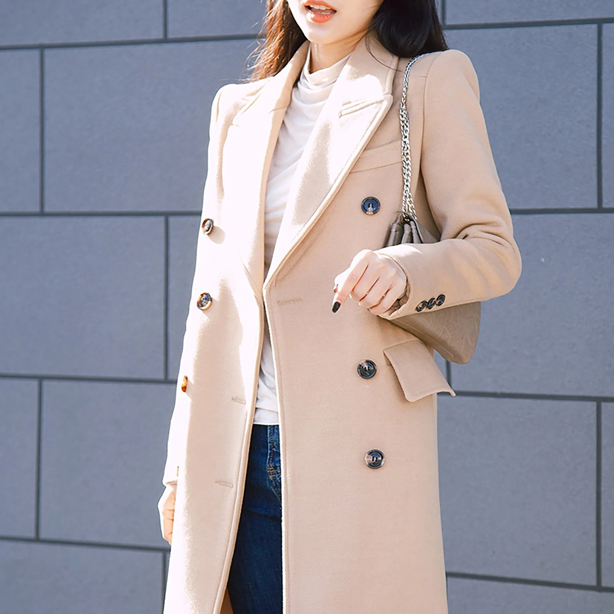 Camel Double Breasted Button Longline Wool Blend Coat