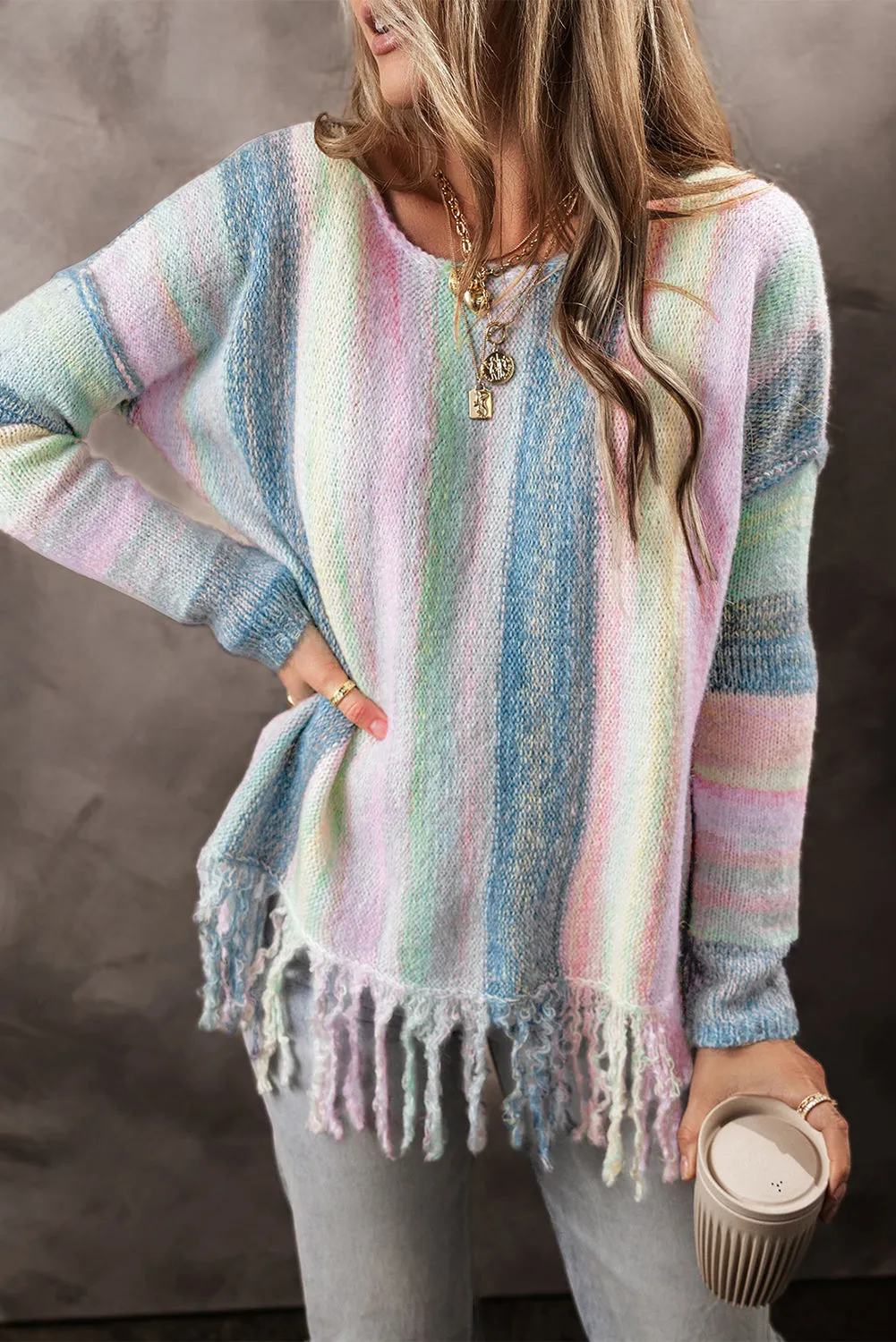 Colorblock Stripe Fringe Tunic Sweater