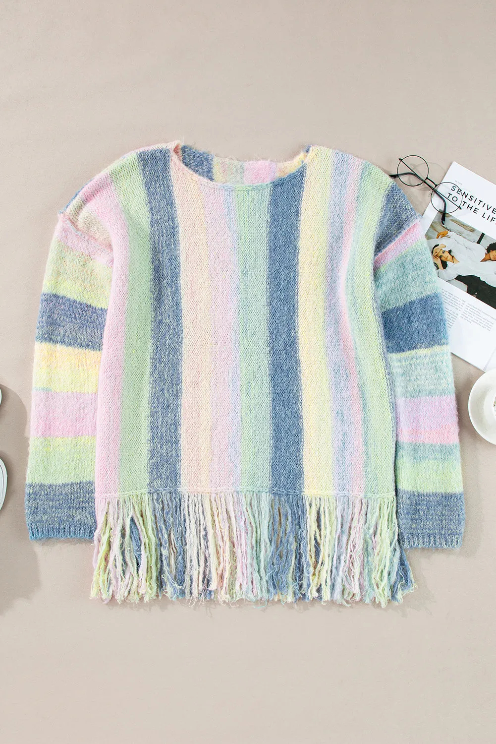 Colorblock Stripe Fringe Tunic Sweater