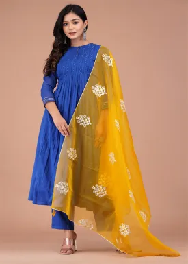 Egyptian Blue Straight Kurta Set With Organza Dupatta