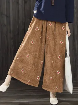 Embroidery Elastic Waist Drawstring Wide Leg Pants