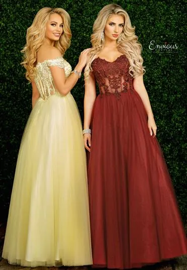 Envious Couture E1489 Size 8 Yellow Prom Dress Sheer Lace off the shoulder ballgown Sweetheart