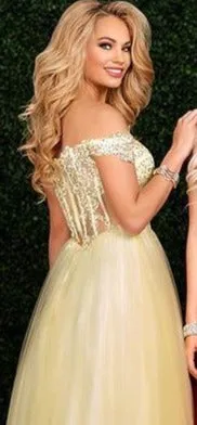 Envious Couture E1489 Size 8 Yellow Prom Dress Sheer Lace off the shoulder ballgown Sweetheart