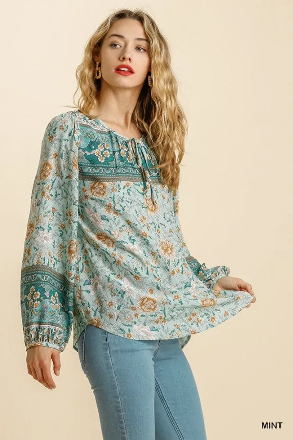 Floral Border Print Top, Mint