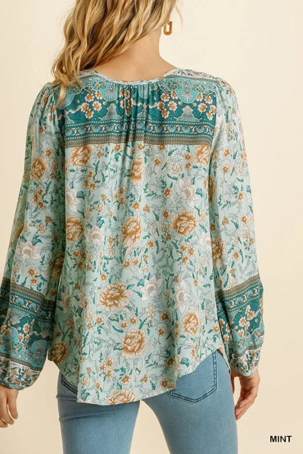 Floral Border Print Top, Mint