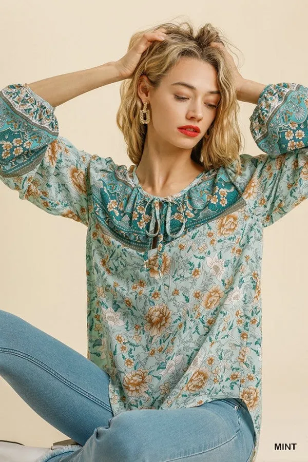 Floral Border Print Top, Mint