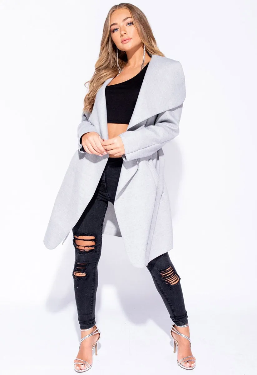 Grey Plus Size Waterfall Collar Belted Duster Coat