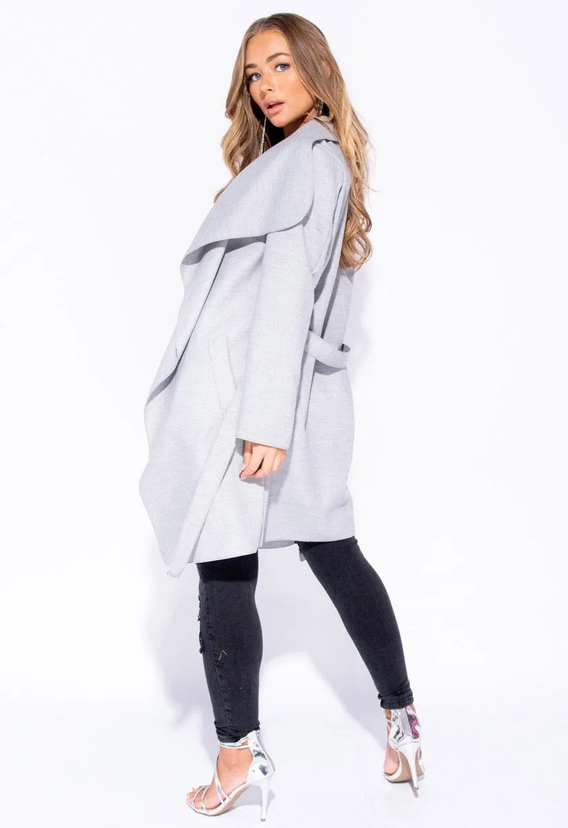 Grey Plus Size Waterfall Collar Belted Duster Coat