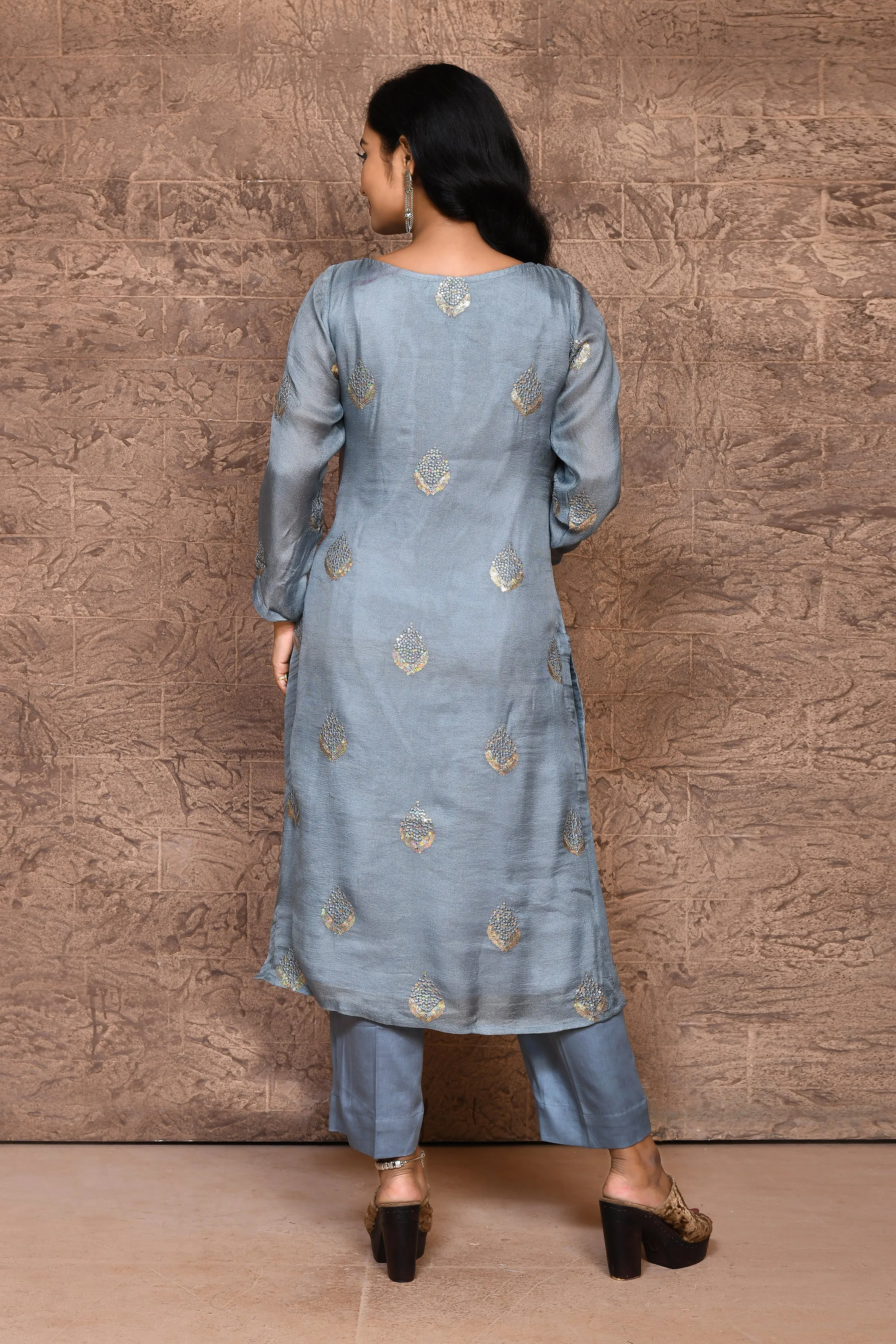 Greyish Blue Jute Sequin Floral Kurta & Pant Set