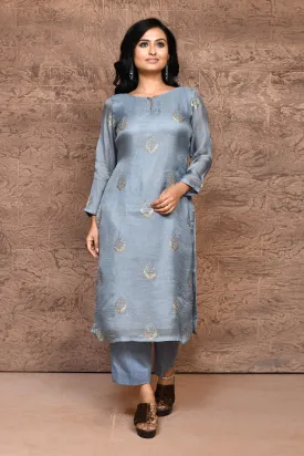 Greyish Blue Jute Sequin Floral Kurta & Pant Set