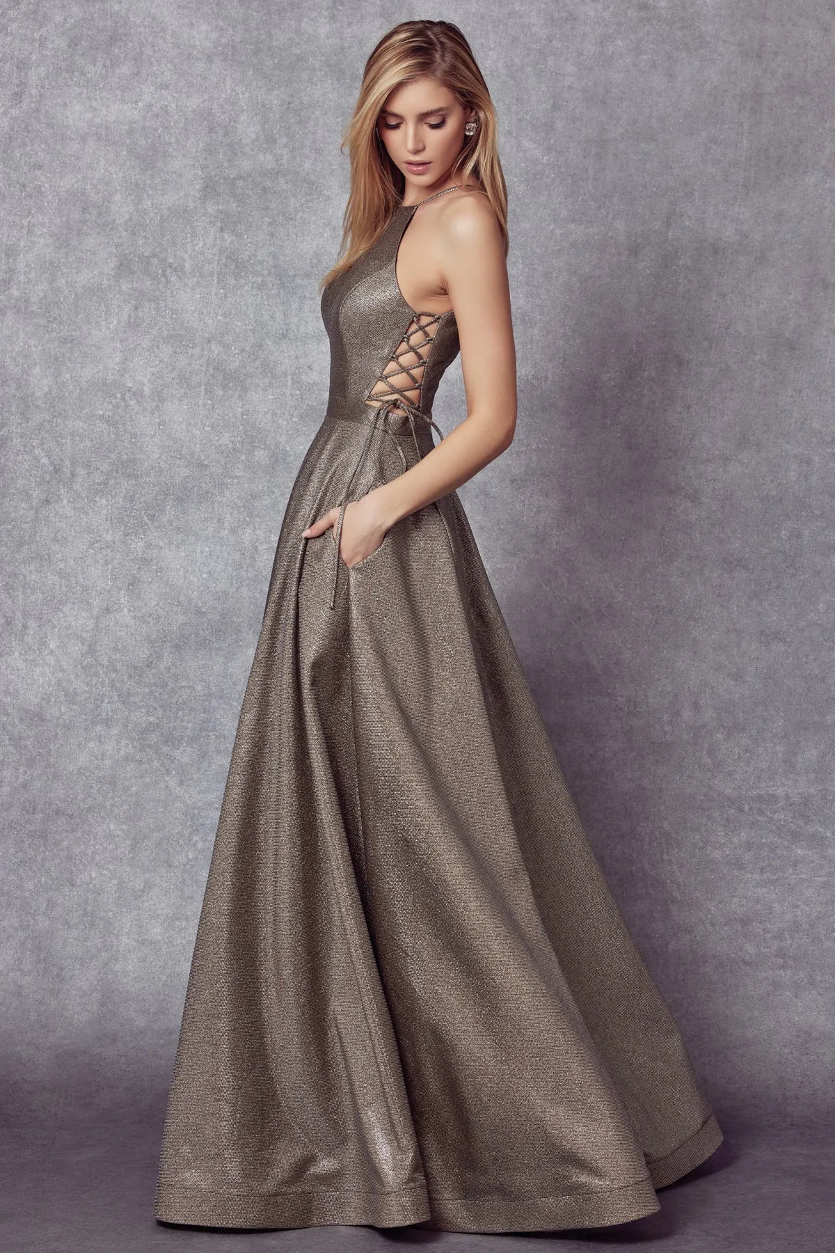 Halter Metallic Gown with Lace-Up Sides by Juliet 241