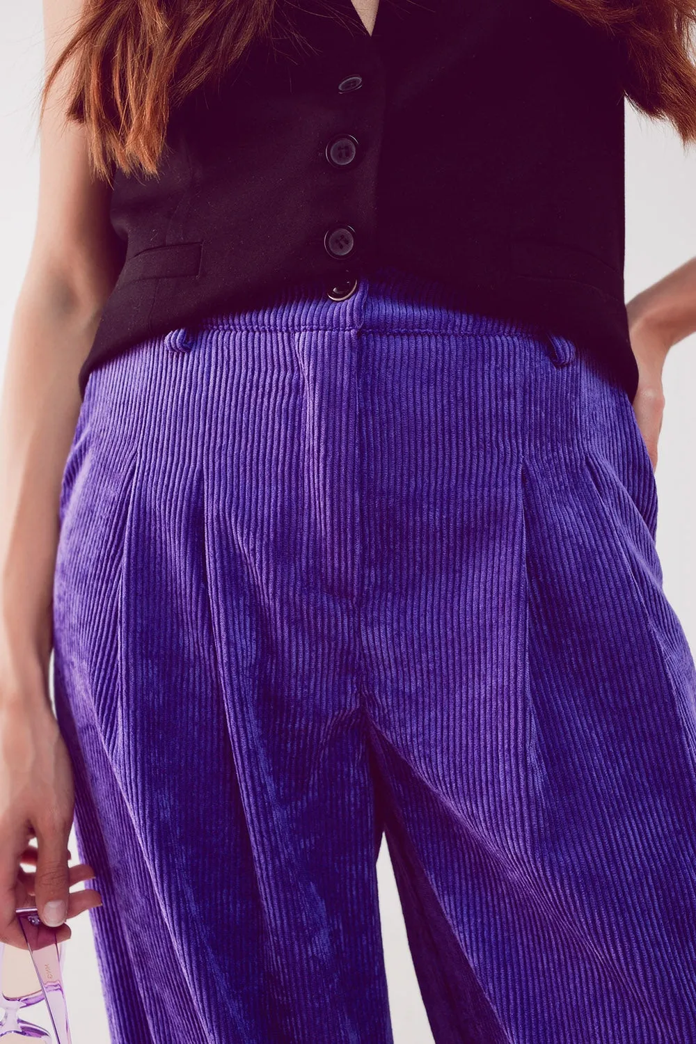 High Rise Straight Leg Pants in Purple Cord