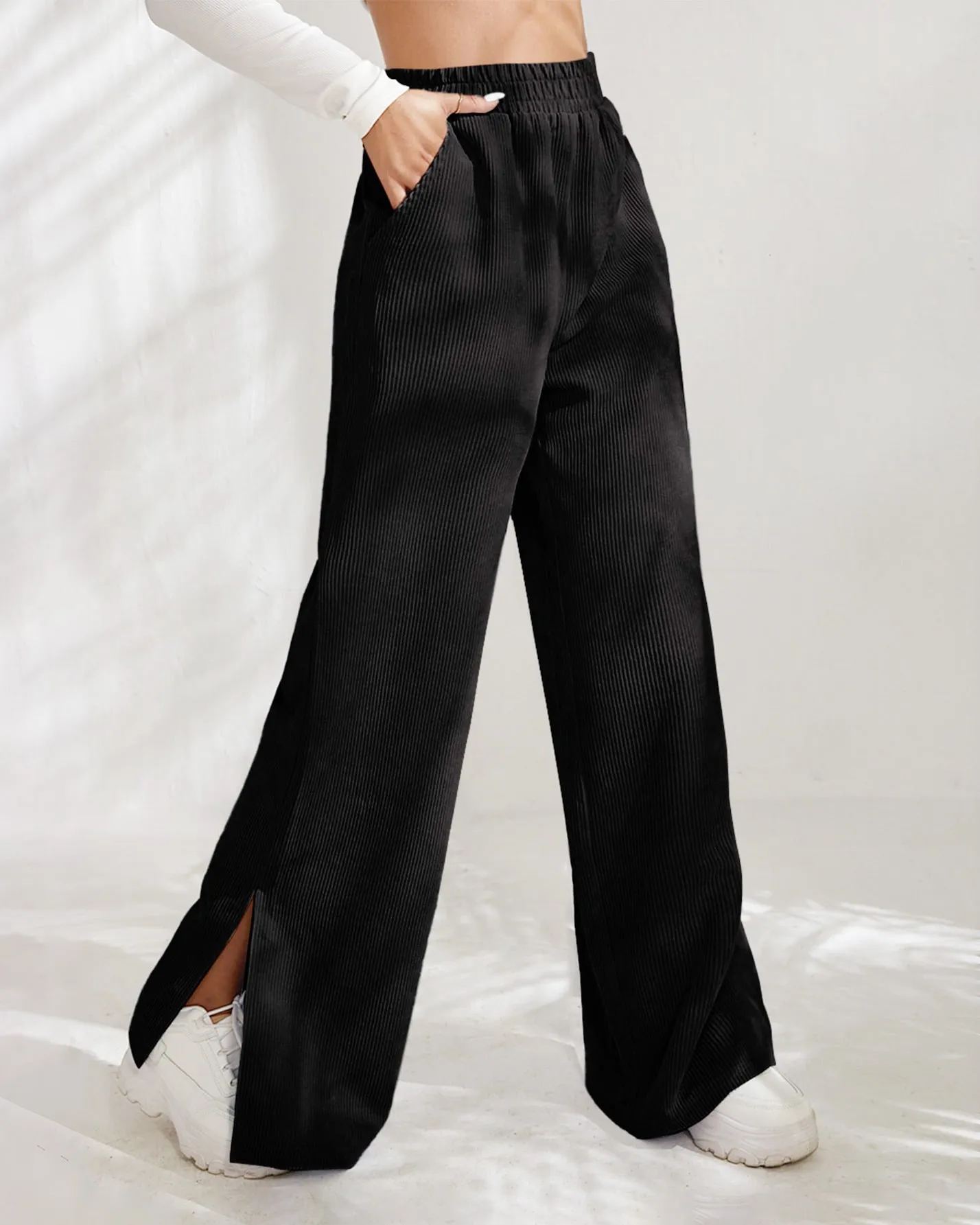 High Waist Slit Hem Corduroy Pants