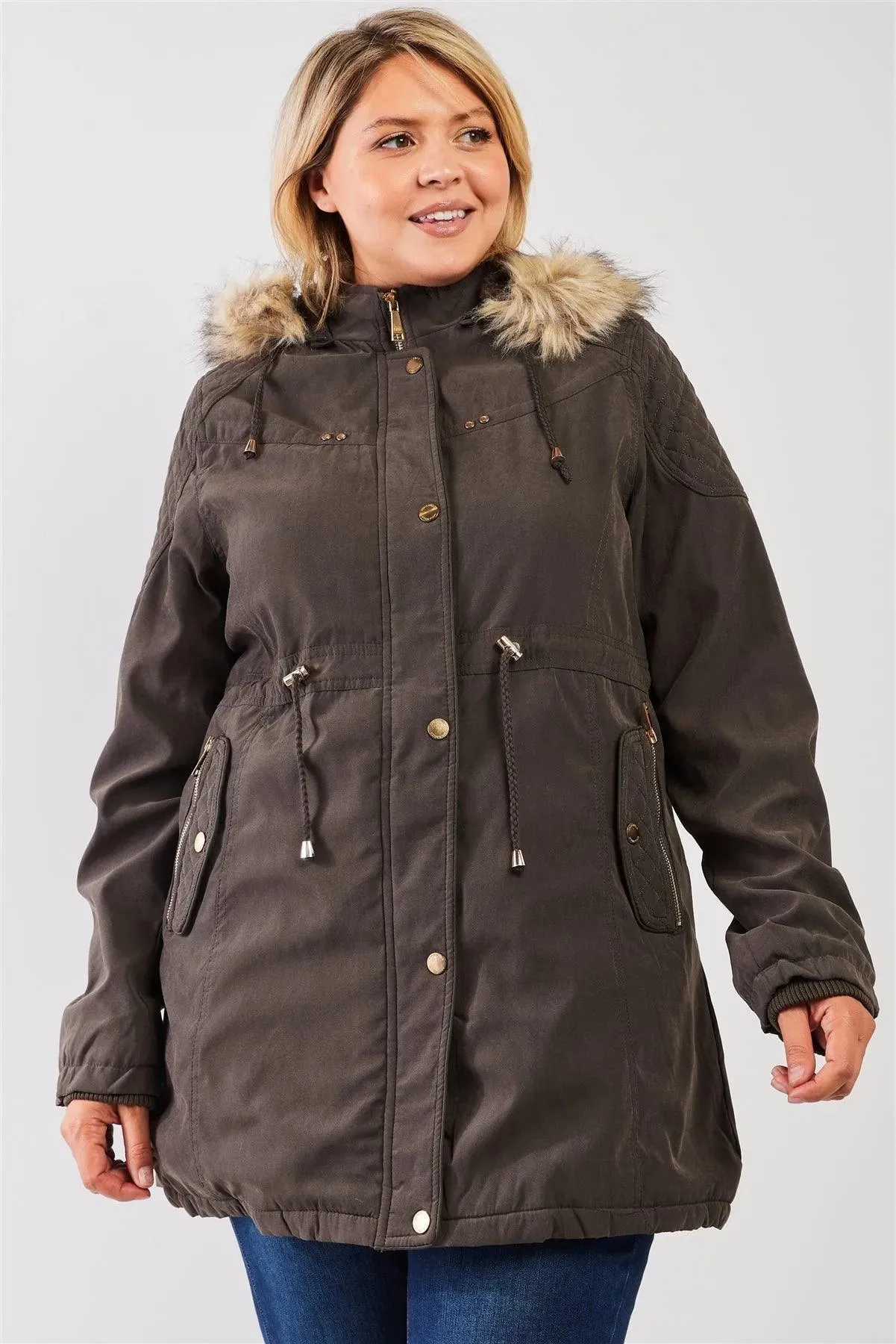 Junior Plus Size Olive Quilted Detail Vegan Fur Cotton Twill Parka Jacket /2-2-1-1