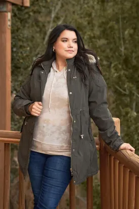 Junior Plus Size Olive Quilted Detail Vegan Fur Cotton Twill Parka Jacket /2-2-1-1